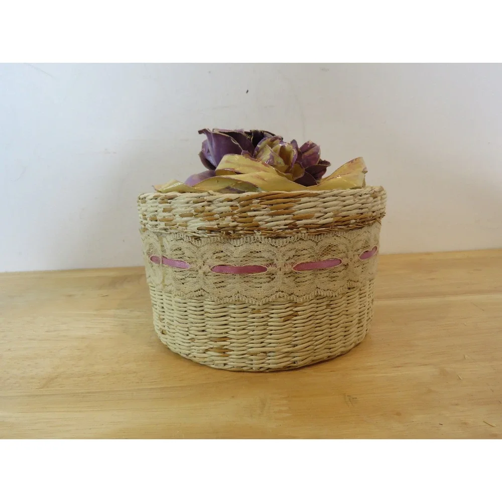 Vintage Floral Woven Nesting Baskets Set of 4 Decorative Lace Trim Storage Boxes